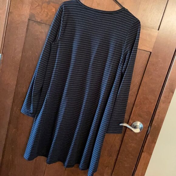 Loft Navy Rayon & Nylon A-Line Navy Striped Dress - Picture 2 of 5